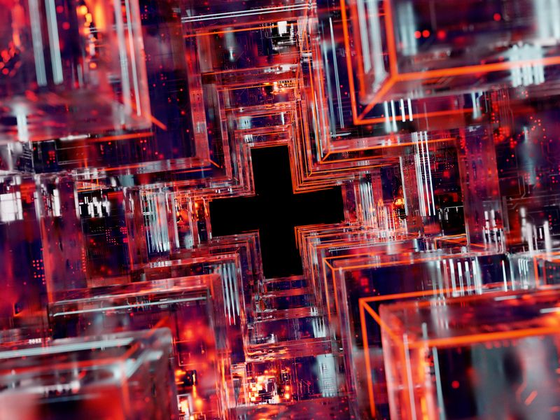 Rete blockchain astratta con nodi luminosi su sfondo scuro, linee interconnesse