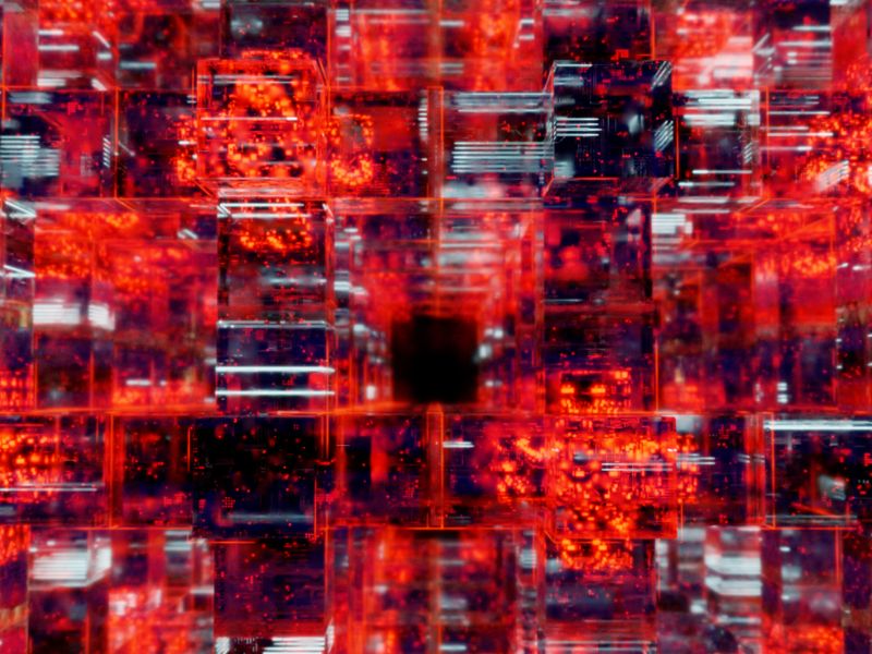Rete blockchain astratta di nodi luminosi su sfondo scuro, stile futuristico