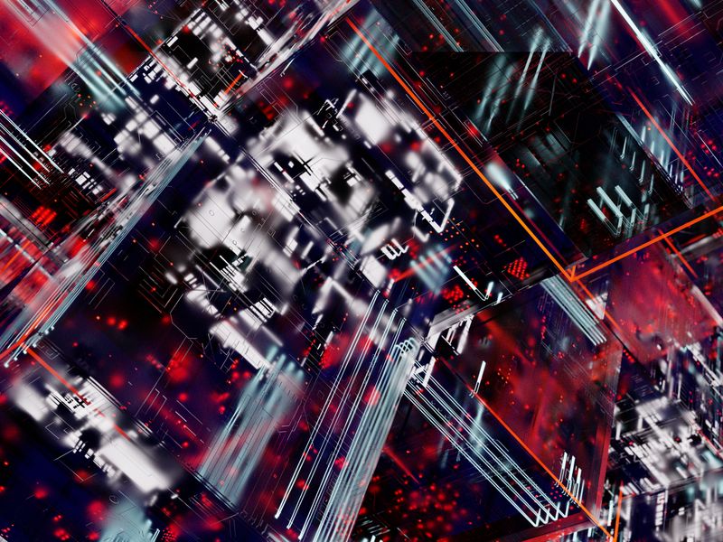 Rete blockchain astratta di nodi luminosi su sfondo scuro